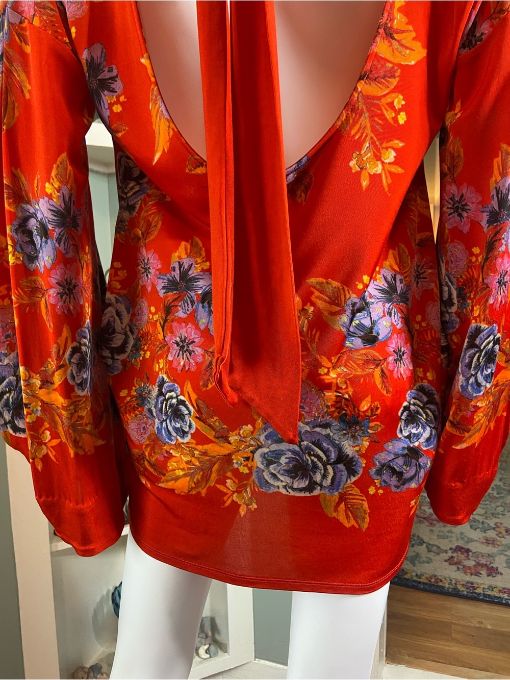 Free People 2am Floral Mini Dress Tunic Backless XSmall XS Cowl Neck Tie Satin - Picture 6 of 16